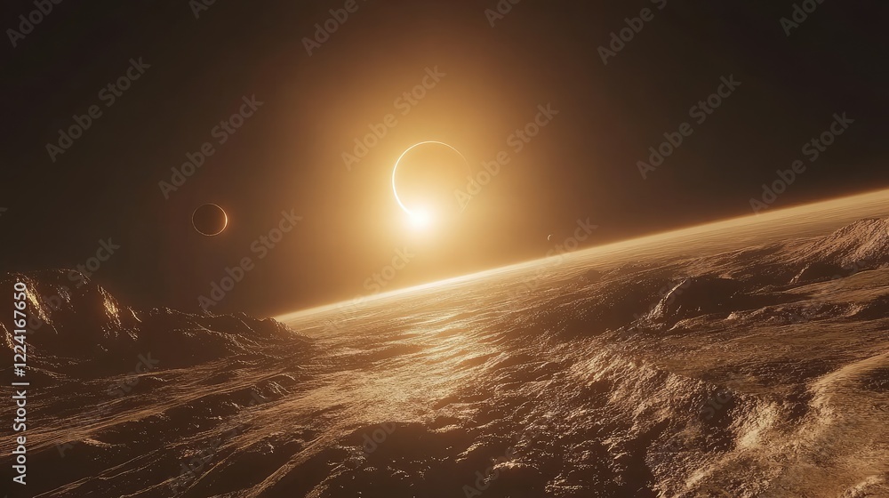 Poster Stunning view from the outer edges of the solar system, showing planets in perfect alignment with the sun casting golden light across the scene