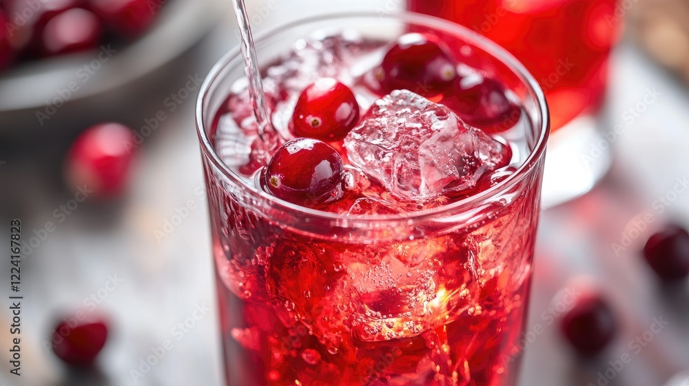 Poster swirling cranberry syrup mixing with water in a crystal-clear glass, creating a captivating visual o