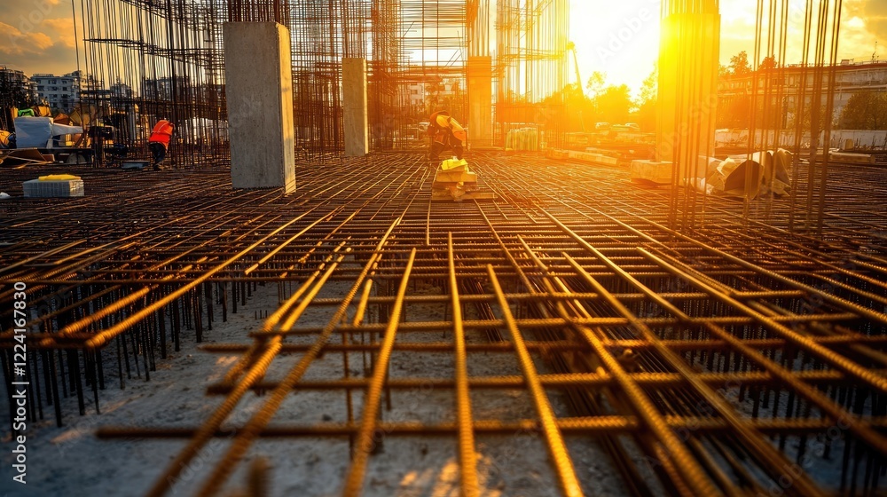 Poster sunlight shining off steel bars at a construction site, with scaffolding in the background, emphasiz