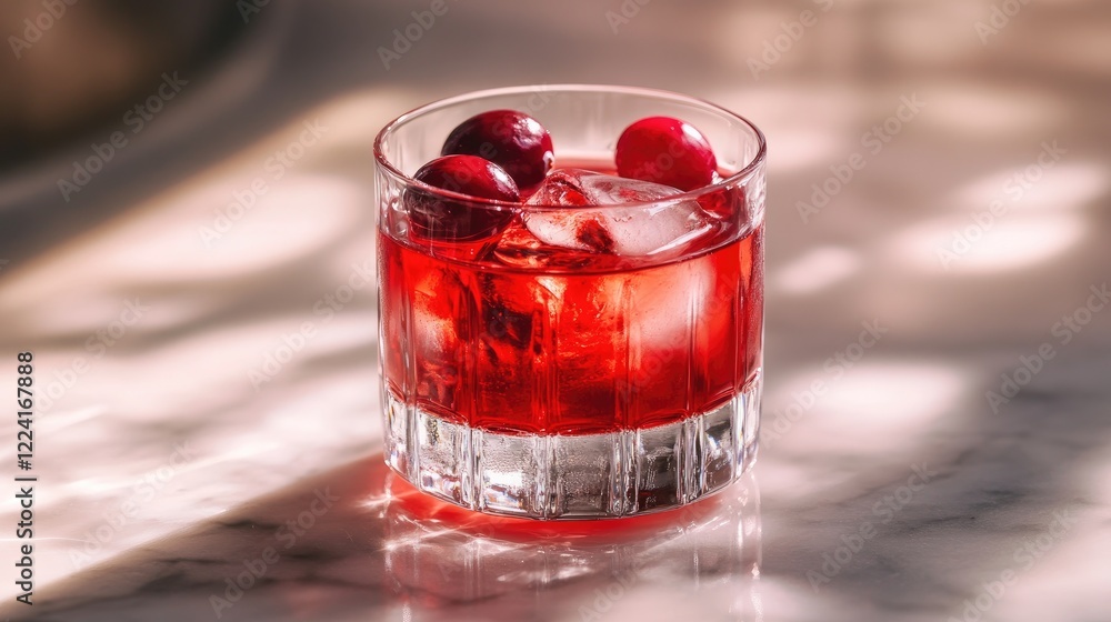 Poster Swirling cranberry syrup mixing with water in a crystal-clear glass, creating a captivating visual of vibrant red and liquid motion