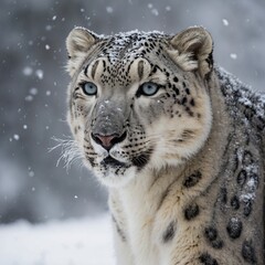Fototapeta premium A snow leopard's eyes glowing brightly against a soft white winter background.