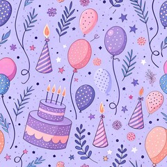 A seamless birthday cake pattern with festive decorations, perfect for holiday celebrations, party invitations, and greeting cards  for cards, wallpaper, clothing, textiles and other products.