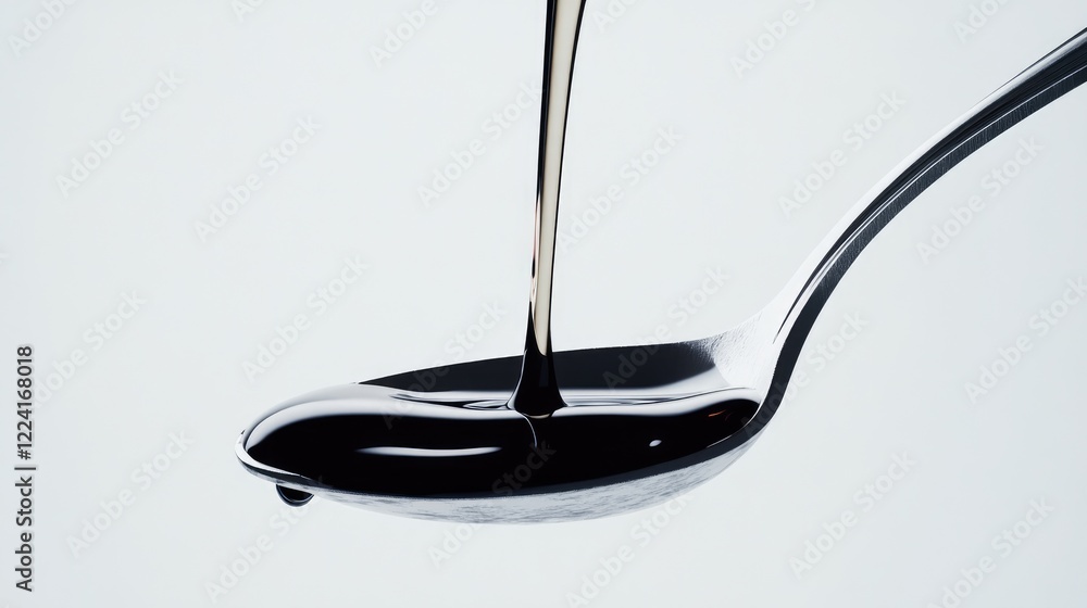 Poster syrup gently poured into a shiny silver spoon from a bottle, set against a minimalist white backgrou
