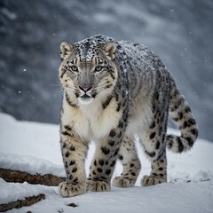 A snow leopard walking along a path carved by the wind through deep snow.
