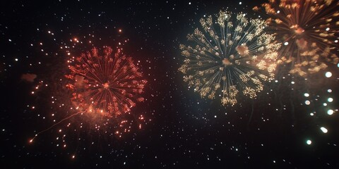 A fireworks display in the night sky with a bright red and yellow firework