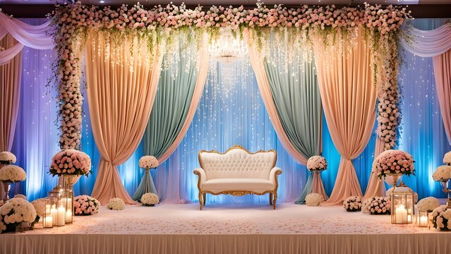 Elegant wedding ceremony stage decorated with pastel peach and teal drapes, floral arrangements, a gold-framed chaise lounge, and candlelight.
