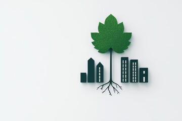 A stylized green tree with city skyline elements, symbolizing the connection between urban development and nature.