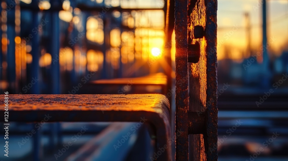 Poster The warm colors of sunset reflecting on steel bars, creating complex patterns and textures in the foreground of an industrial setting