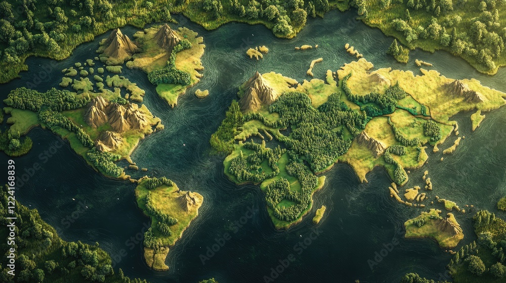 Poster top-down view of a green landscape designed to form the shape of continents on a world map, symboliz