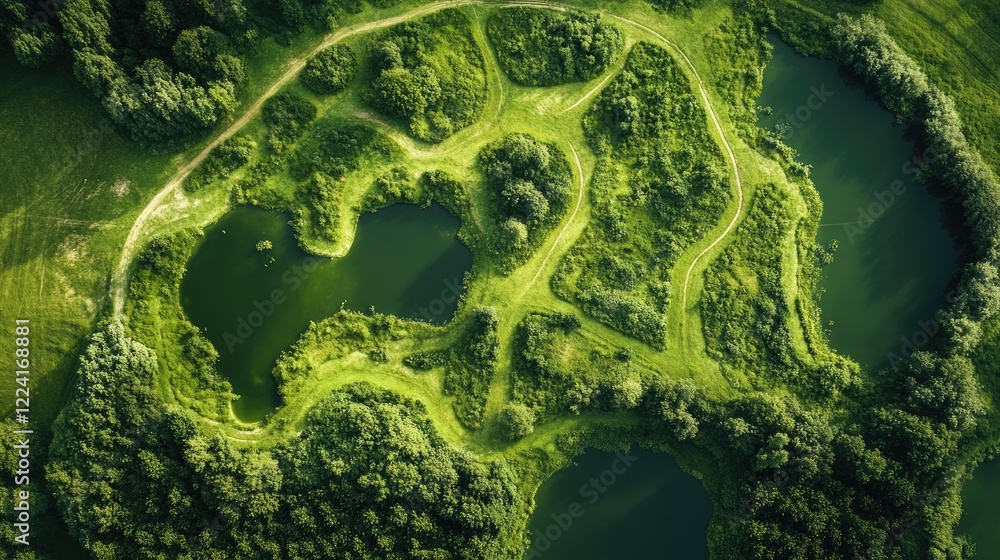 Poster top-down view of a green landscape designed to form the shape of continents on a world map, symboliz