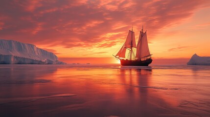 Fototapeta premium Tranquil frozen sea with warm sunset hues reflecting on the ice, and a majestic two-masted sailboat gliding gracefully across the scene