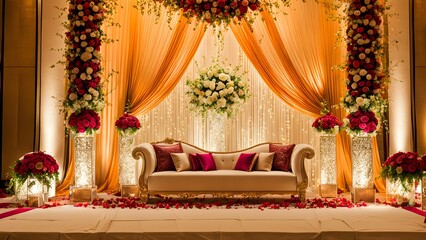 Luxurious wedding stage decor with ornate gold sofa, dramatic floral arrangements, and shimmering gold drapes.