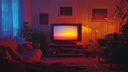 TV screen in a cozy living room glowing with colorful light, creating a warm, inviting atmosphere as the room rests in darkness