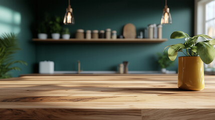 Wooden Tabletop with Blurred Kitchen Background and Plant