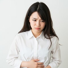 woman is having stomach ache . menstruation ,  with a face of pain . ai generative 