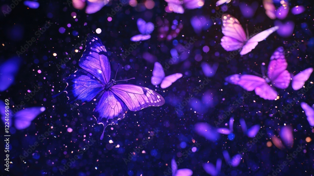 Poster vibrant butterflies fluttering amidst sparkling purple light on a dark background, creating an encha