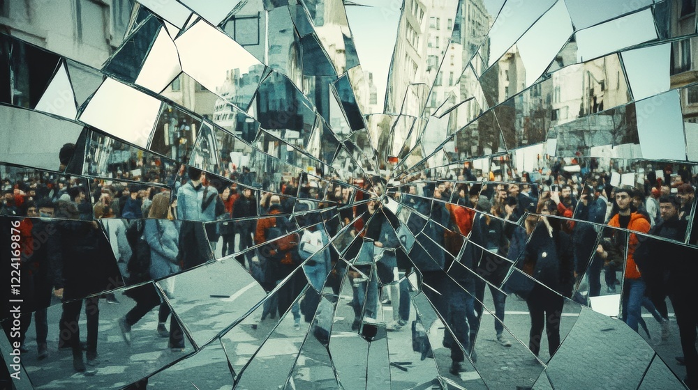 Poster the mirror is shattered, creating a distorted reflection of the people