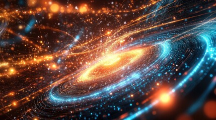 Obraz premium Vibrant energy fields and glowing waves moving through an abstract physics scene, visualizing gravity wells and intricate forces in action