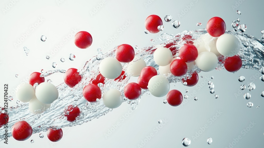 Poster vibrant red and white berries levitate above cascading water splashes, creating a refreshing and hig