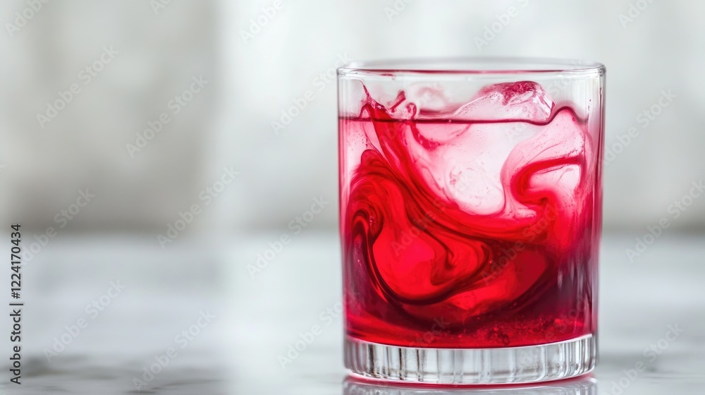 Poster Vibrant red cranberry syrup swirling as it mixes with clear water in a glass, creating a striking visual of color contrast and fluid motion