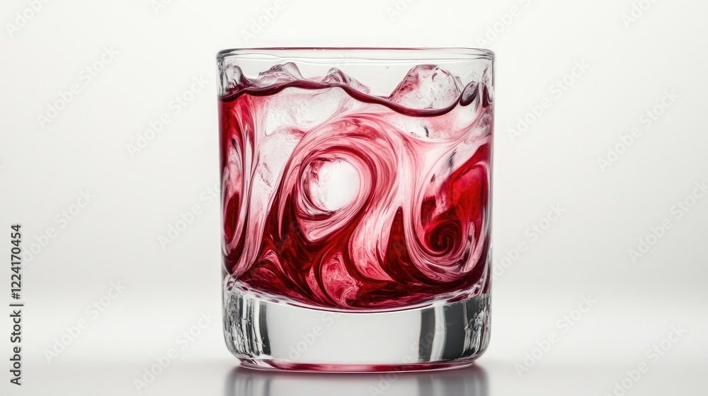 Poster Vibrant red cranberry syrup swirling as it mixes with clear water in a glass, creating a striking visual of color contrast and fluid motion