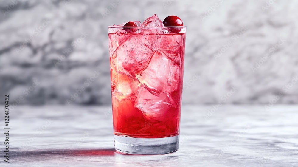 Poster vibrant red cranberry syrup swirling as it mixes with clear water in a glass, creating a striking vi