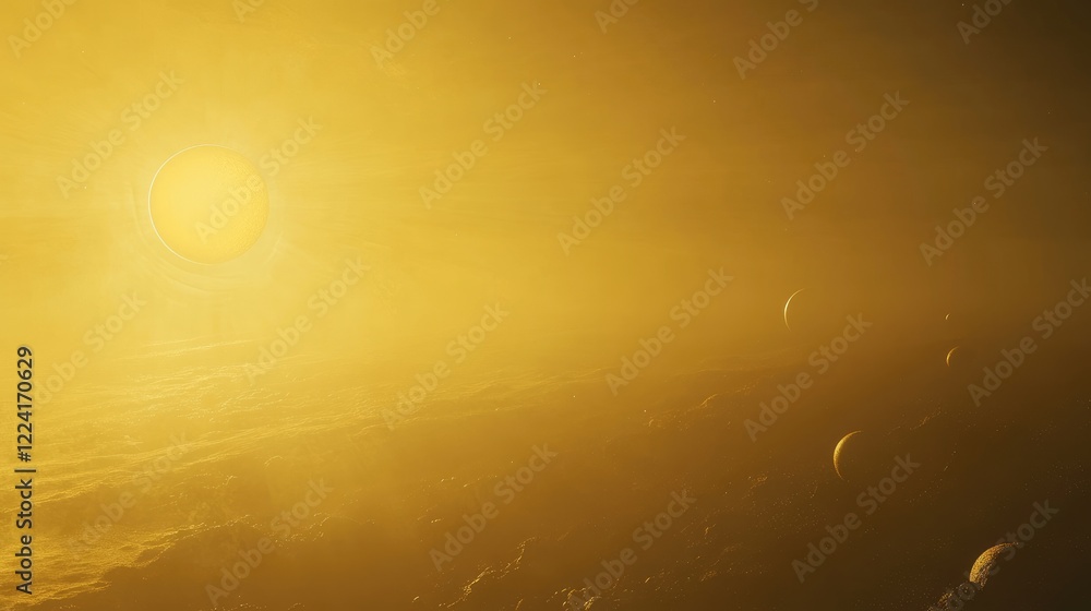 Poster View from the distant reaches of the solar system, showing planets in alignment as the sun casts its golden rays across the vastness of space