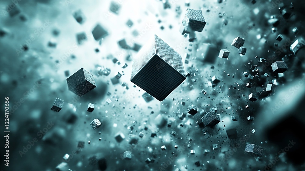 Poster floating digital cubes create mesmerizing patterns in a vast celestial space, showcasing dynamic mot