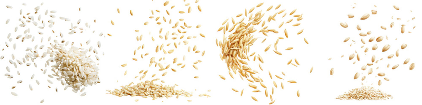 Grains of rice flying through the air, isolated on a white background. Collection Set Png.