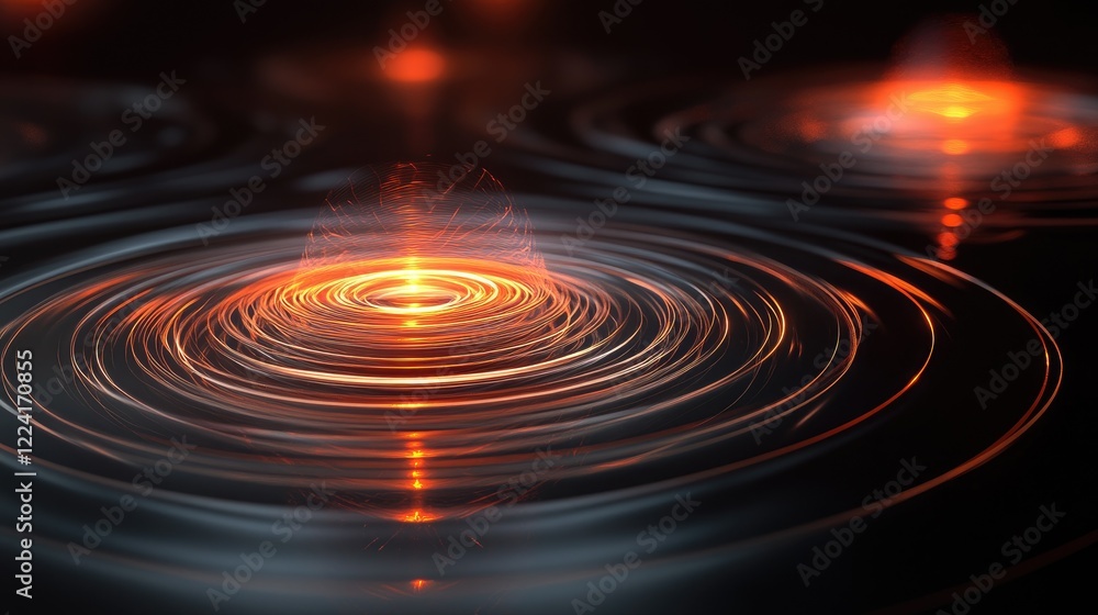 Poster visual representation of magnetic forces and gravity through rippling vibrations and luminous concen