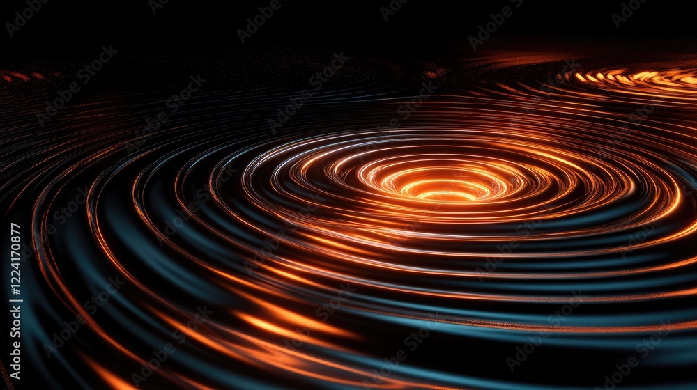Poster Visual representation of magnetic forces and gravity through rippling vibrations and luminous concentric circles in a dark void, illustrating energy fields