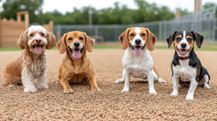 Happy dogs sitting together at park, enjoying sunny day
