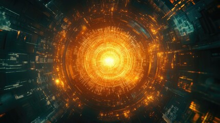 Fototapeta premium Virtual digital space illuminated by matrix code, with a radiant, high-tech portal at the center, symbolizing futuristic technology and cyberspace exploration