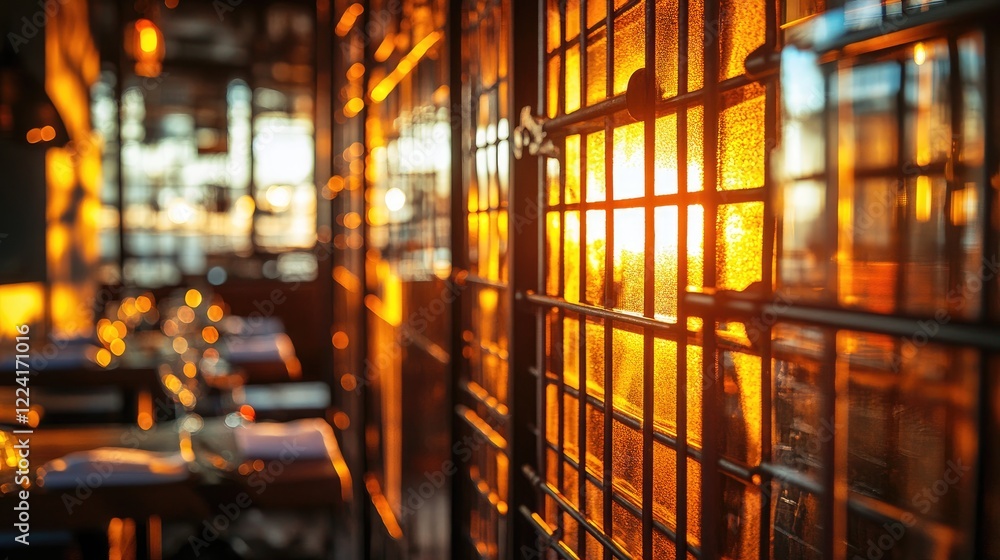 Poster Warm sunset light reflecting off steel bars, creating a mesmerizing pattern and adding a unique texture to the industrial setting in the foreground