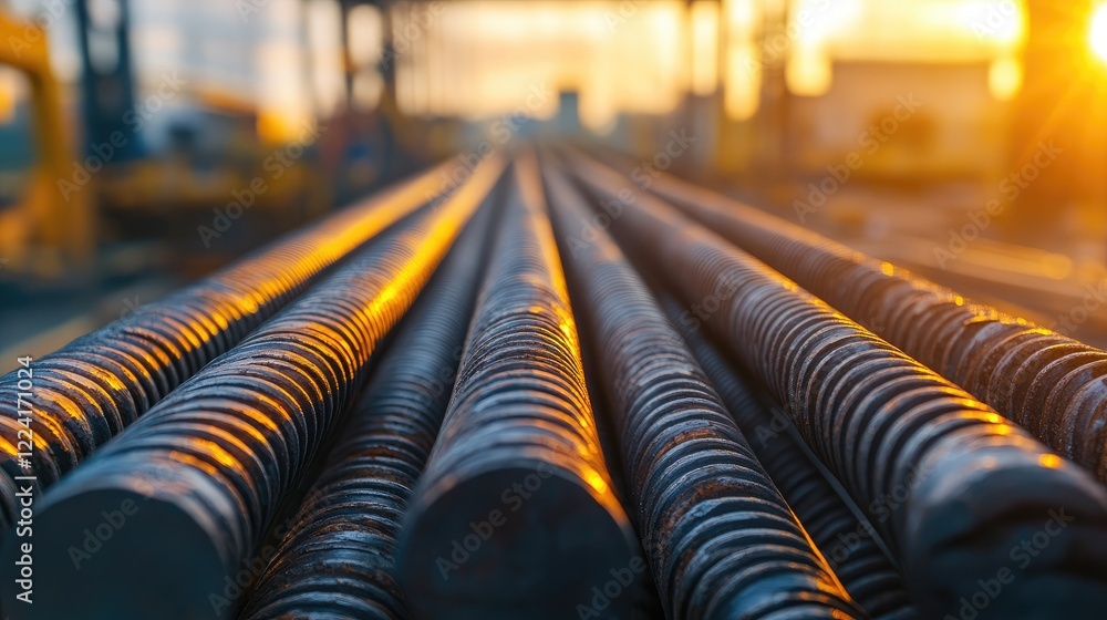 Poster Warm sunset light reflecting off steel bars, creating a mesmerizing pattern and adding a unique texture to the industrial setting in the foreground