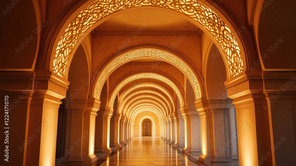 Poster warmly lit architectural arches adorned with intricate motifs, creating a serene and peaceful interi