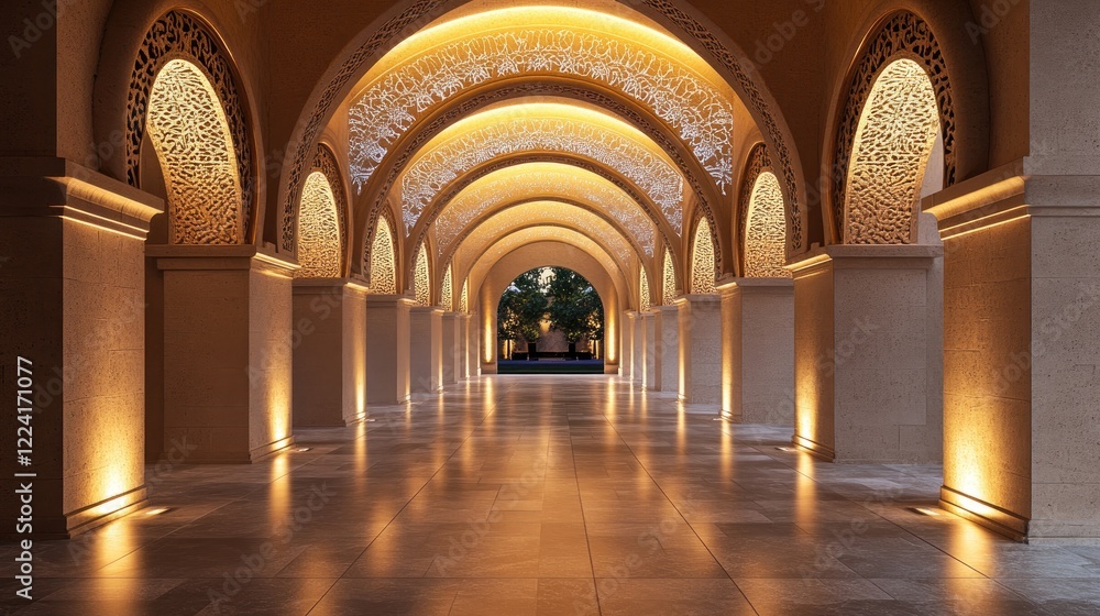 Poster warmly lit architectural arches adorned with intricate motifs, creating a serene and peaceful interi
