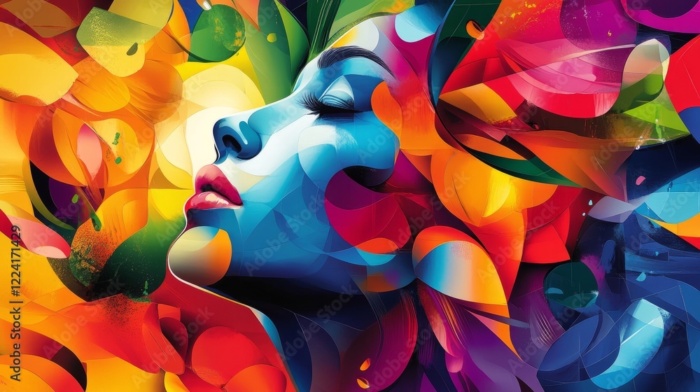 Aufkleber Vibrant Abstract Portrait of a Woman's Face with Colorful Geometric Shapes and Dynamic Patterns