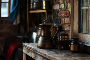 A rustic shot of a vintage coffee pot pouring coffee into a traditional coffee maker.