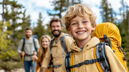 Happy child smiling in nature with family during hiking adventure