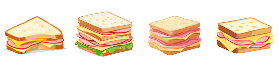 Flat style illustration of a ham and cheese sandwich with visible layers, isolated on a white background. Collection Set Png.