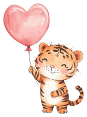 PNG A cute tiger in pink holding heart-shaped balloon watercolor animal illustration.