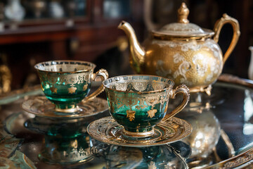 Elegant vintage tea set with ornate green cups and golden teapot on a reflective table in a cozy setting