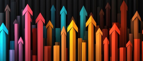 A vibrant arrangement of upward arrows in various colors, symbolizing growth, progress, and increasing trends against a dark background.