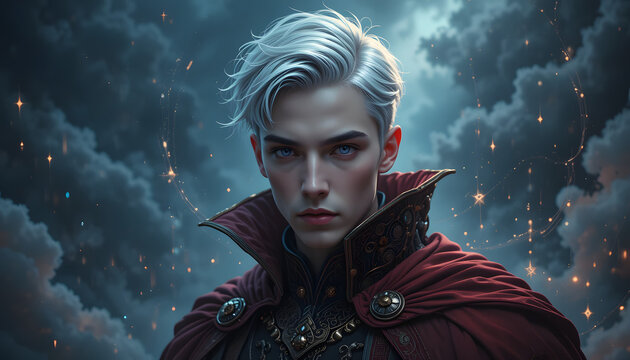 Portrait of a young man with white hair, wearing a red cape against a stormy sky.