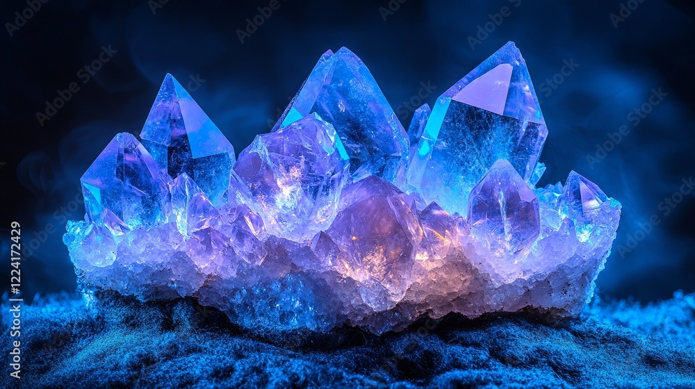 Poster Raw amethyst crystal cluster gleaming on soft velvet fabric in captivating light