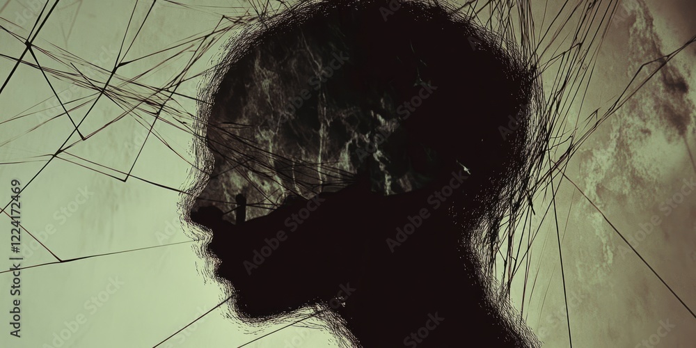Aufkleber abstract silhouette of a human head with intricate web patterns and dark artistic background