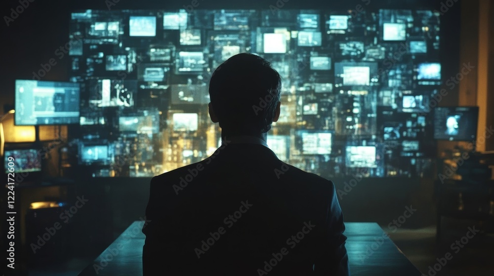Poster unveiling the future: a mysterious figure amidst data and digital surveillance