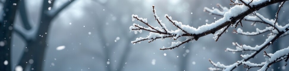 Softly falling snowflakes blanket the barren tree branches, serene, monochrome