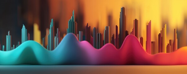 A vibrant, abstract representation of sound waves with colorful peaks and a city skyline silhouette in the background.